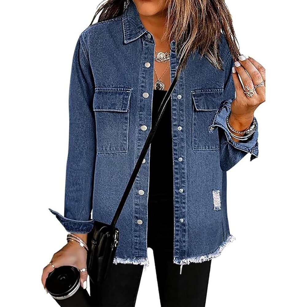 Women’s Oversized Denim Jacket Distressed Ripped Blue Casual Coat - Picture 1 of 5